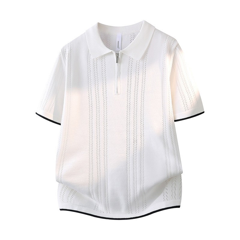 Polo camiseta de punto camiseta de manga corta hombre solapa medio cremallera hueso de pez hueco camiseta de hielo de verano fábrica transfronteriza al por mayor