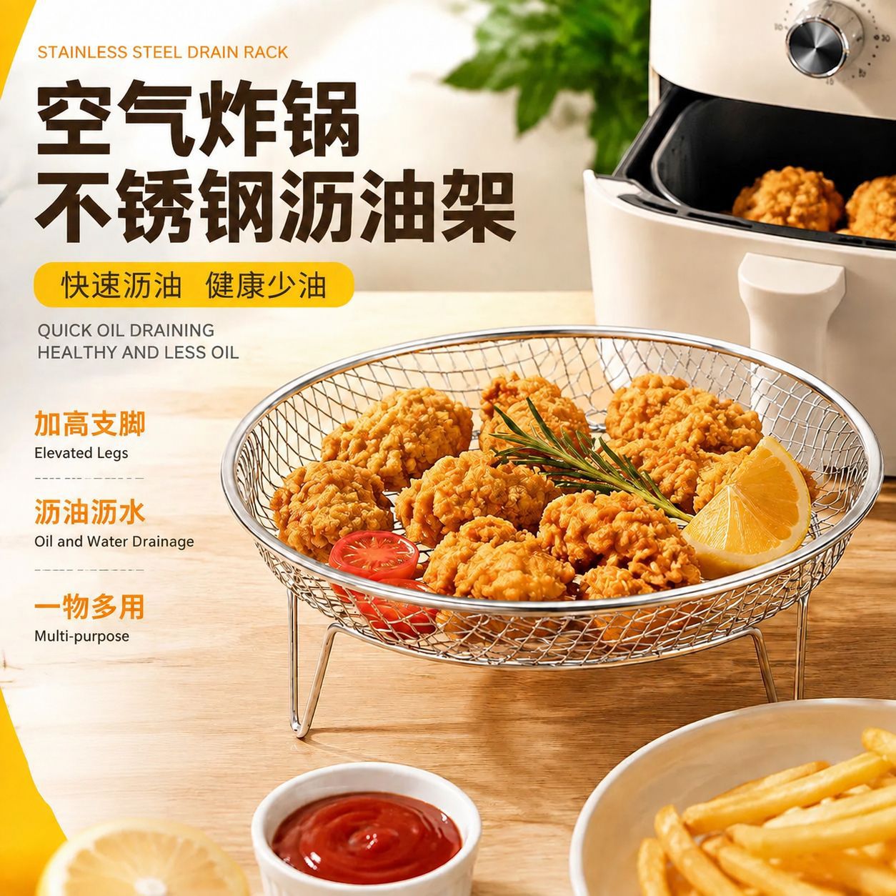 Air fryer rack with layered oil-separating basket, grid support, stainless steel special oil-filtering and oil-draining rack