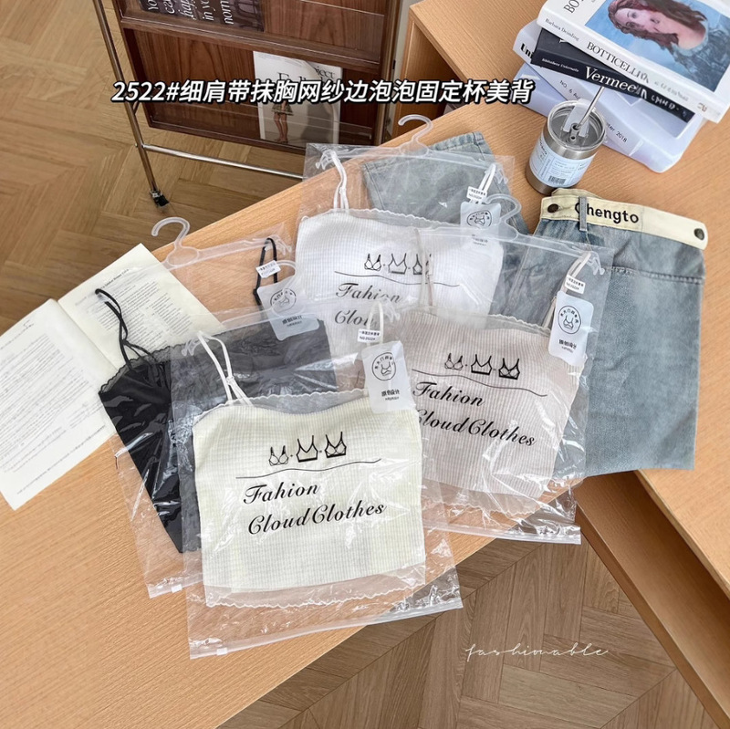 Spring and summer anti-light tube top thin belt square sugar grid simple with chest pad pure wind outside wear camisole beautiful back