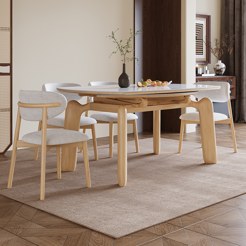 Mesa de comedor y silla de tablero de roca de madera maciza de estilo crema, cuadrado y redondo, apartamento pequeño de doble uso 4-8 personas, mesa para el hogar de madera maciza plegable