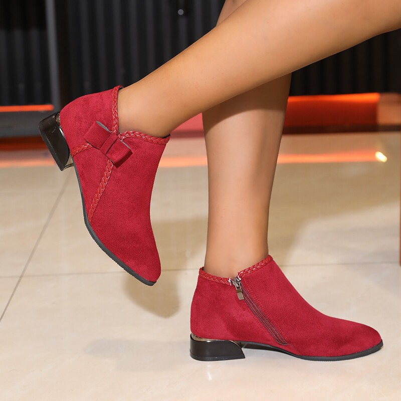 Thick-heeled Low-heeled Ankle Boots Women's Autumn and Winter Cross-border Bow Pointed Side Zipper Women's Boots plus size Fashion Boots and Naked Boots