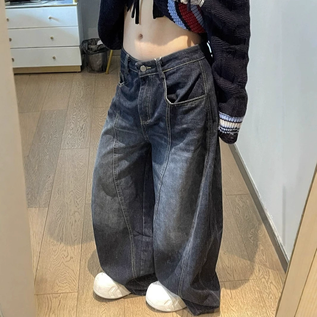 Джинсы ретро hip-hop свободного кроя, прямые oversized винтажные синие, 2–4XL