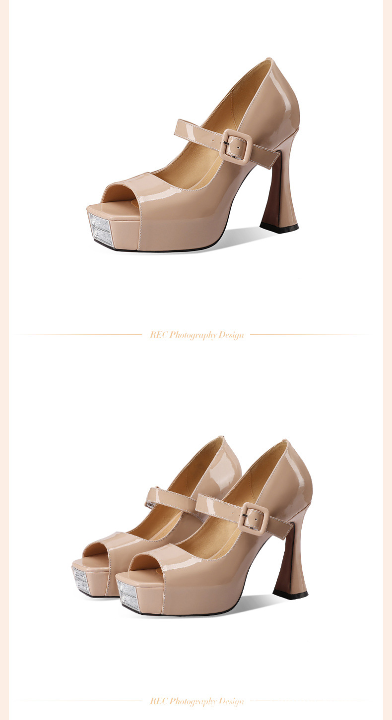 Sandal cao gót nữ hở mũi quai ngang khóa, gót vuông 9 cm, đế platform — đen chi tiết 4