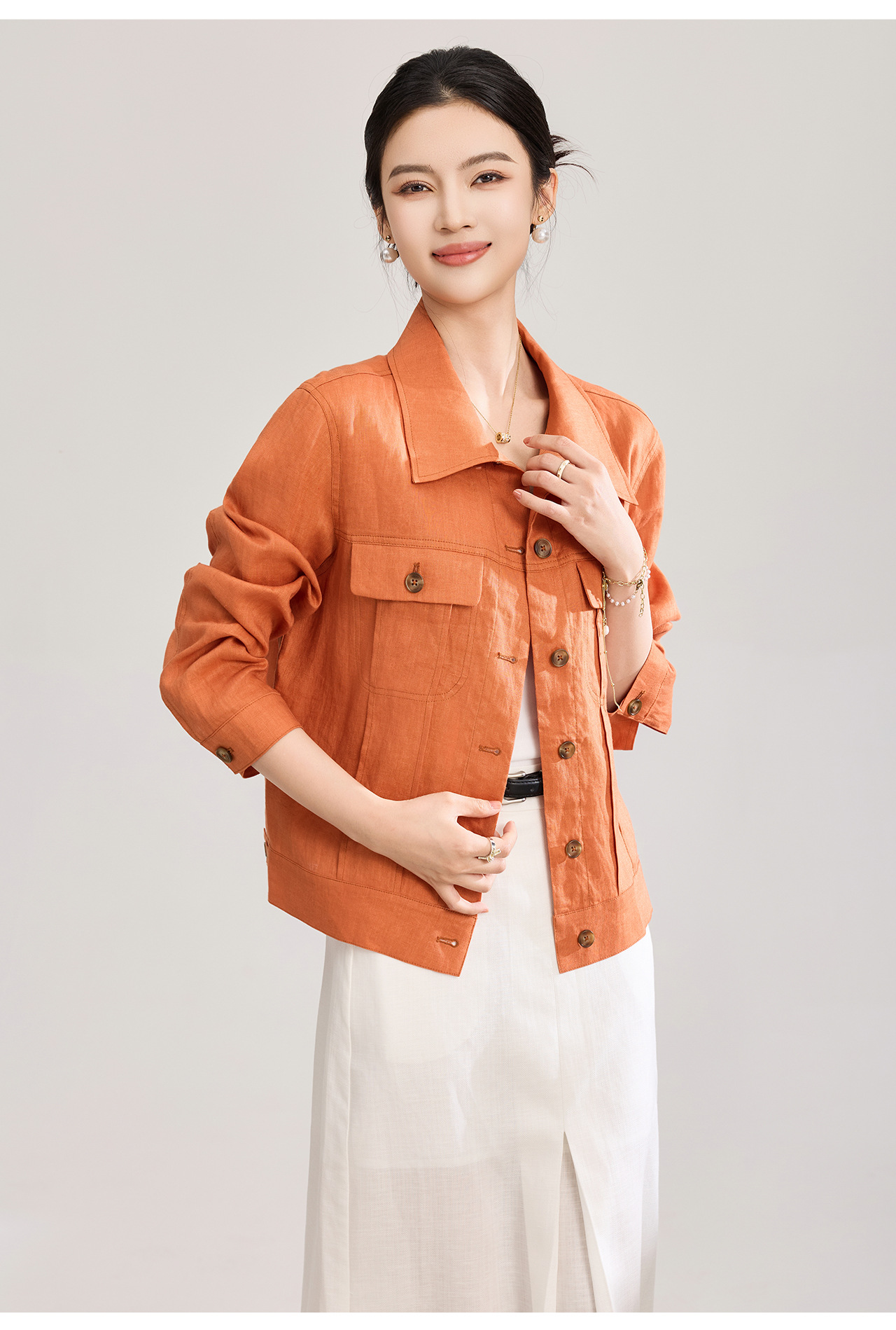 Áo sơ mi nữ linen phong cách Old Money hai túi xếp ly kiểu công nhân — màu cam chi tiết 20