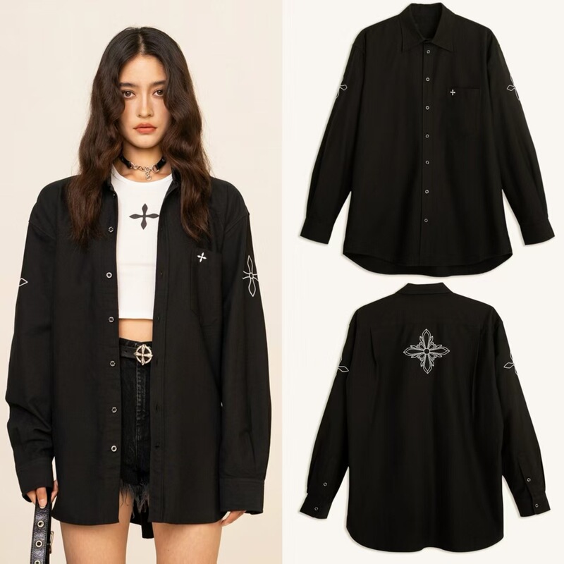 Sk Cross Classical Shirt Embroidered Pure Color Loose Top