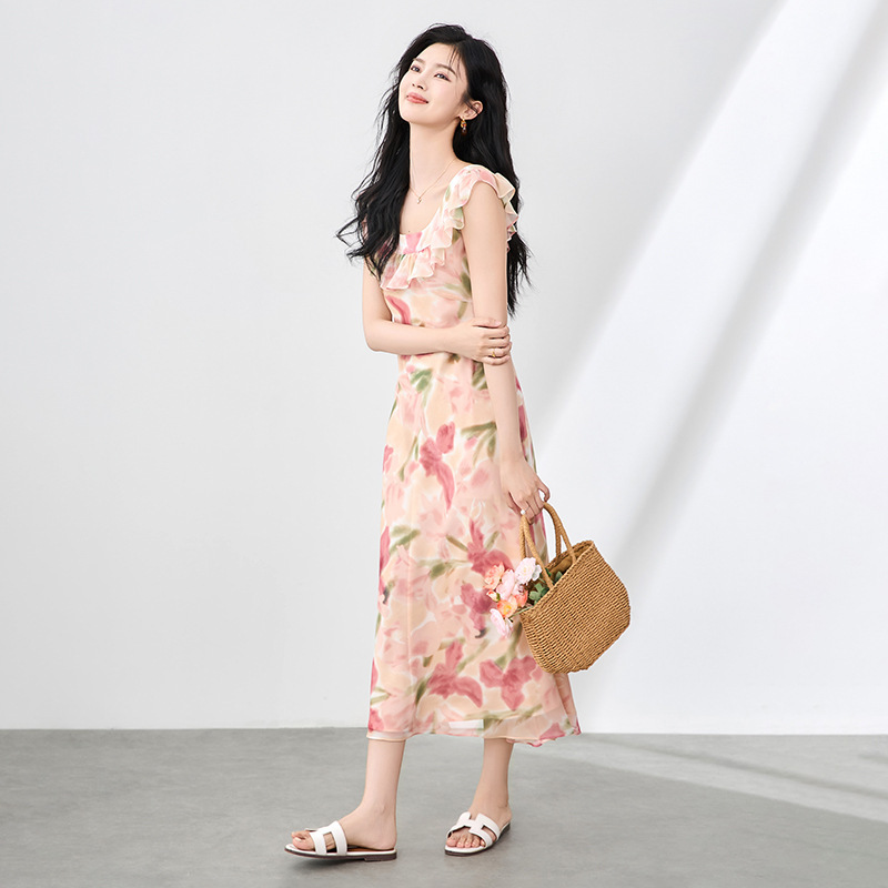 2506212-Elegant Elegant, Slim Fit, Holiday Style Ruffled Long Skirt, Summer French Unique and Chic Dress Nanyou