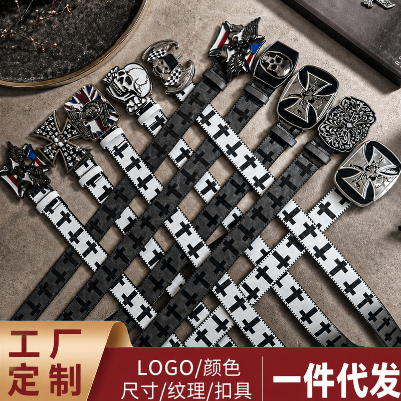 Original Dark Black and White Leather Cross Belt Y2K Punk Rock Casual Metal Belt Factory Direct Sale Hot Item