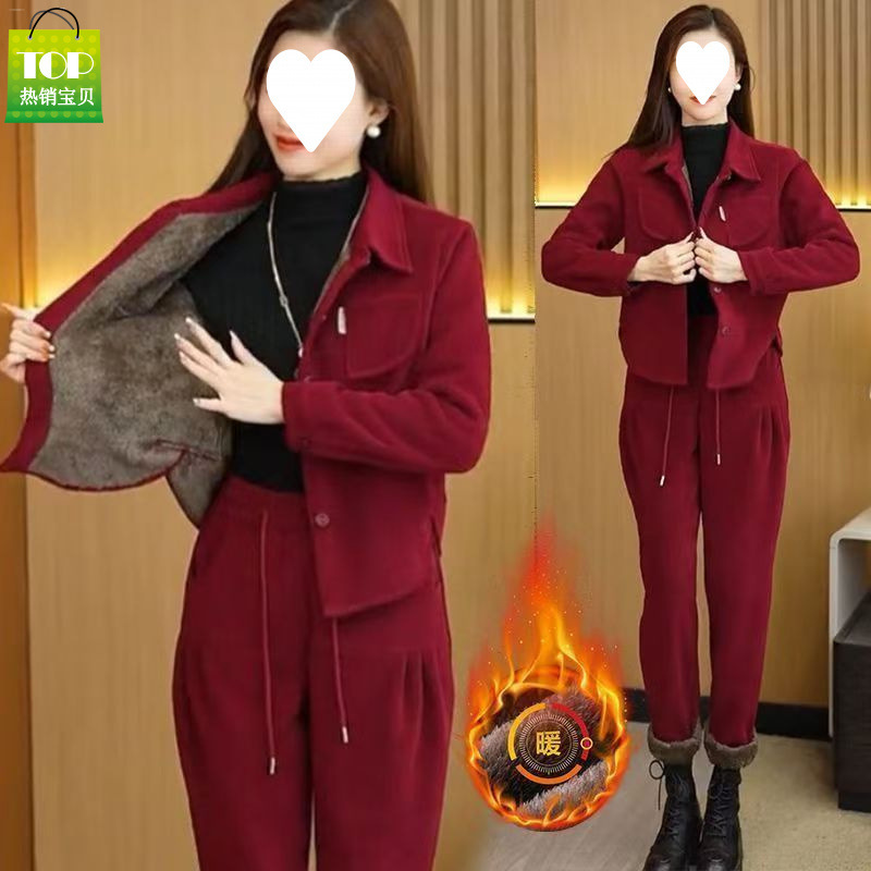 Fashionable Corduroy Suit for Women, New Autumn and Winter Style, Stylish, Loose-Fitting, Slimming, Fleece-Lined, Thickened, Casual Two-Piece Set
