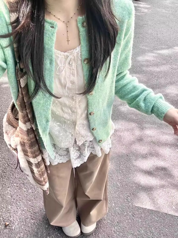 薄荷绿色复古卷边针织开衫毛衣外套女新款春秋季软糯早秋外搭上衣|undefined