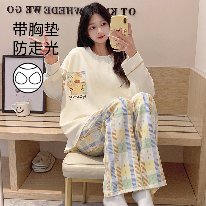 Pajamas for Women Spring & Fall 2025 New Style Plaid Simple Style Autumn and Winter Wearable Long-Sleeved Pants Home Wear Set