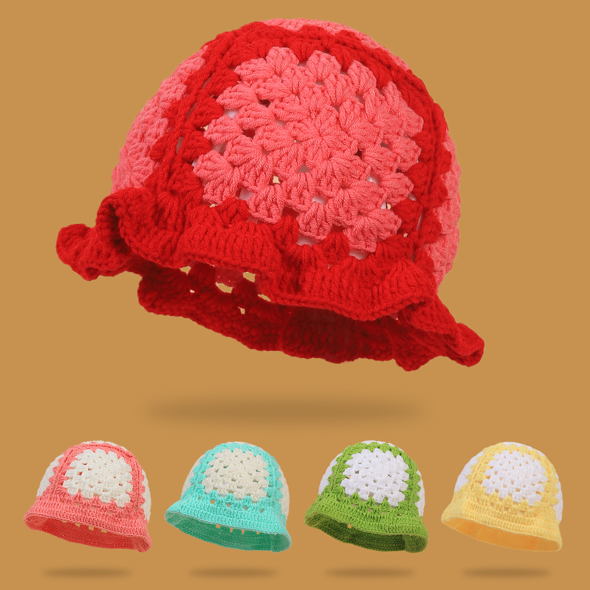 Cappello invernale in lana retrò con fiore cavo lavorato a maglia fatto a mano, cappello versatile dolce da donna autunno e inverno_voghion.com