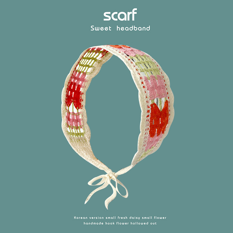 Nuevo colorido estilo étnico hecho a mano de ganchillo tejido banda de pelo de ala ancha estilo pastoral retro de las mujeres banda de pelo bolsa pañuelo sombrero