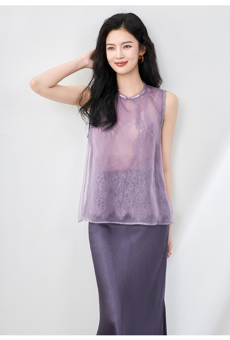 Áo hai dây organza ren cổ tròn phong cách thanh lịch mùa hè — Màu đen chi tiết 32