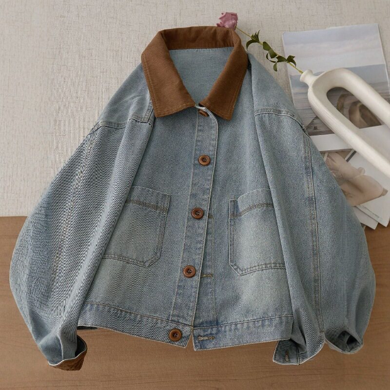 Áo khoác denim ngắn nữ dáng ôm, tay dài, cổ áo màu tương phản, phong cách Hàn Quốc — màu xanh denim chi tiết 5