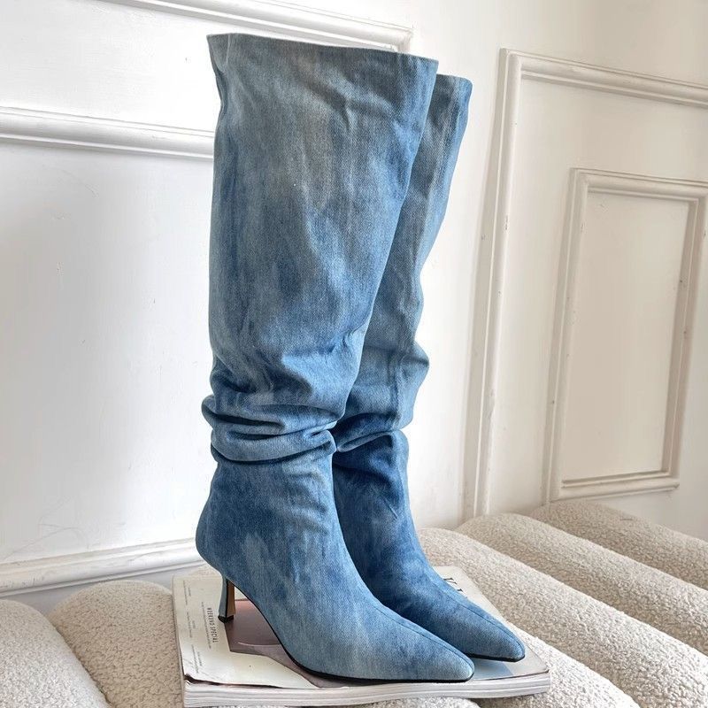 European and American-style Pointed High-barrel Women's 2023 Autumn But Knee Long Boots Thin-heeled Denim High-heeled Pleated Heap Boots