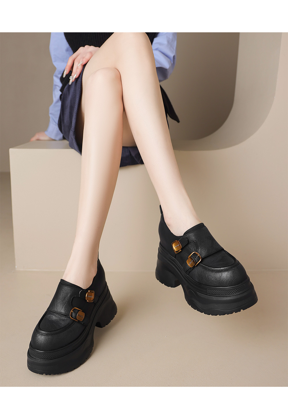 Giày loafer nữ đế xuồng cao 12 cm, miệng sâu cổ điển, khóa thắt lưng — Màu đen, Màu đen kaki chi tiết 6