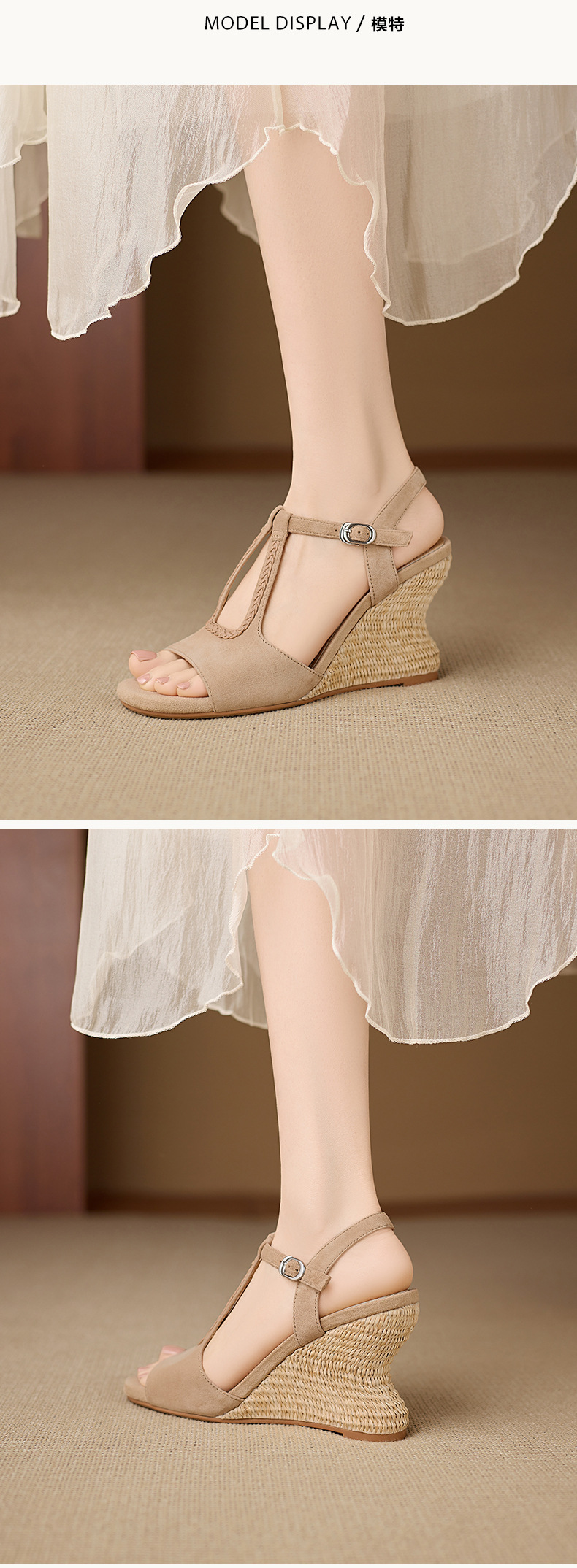 Sandal cao gót nữ hở mũi đế xuồng đan rơm, quai chữ T da lộn — Hồng, màu mơ chi tiết 4