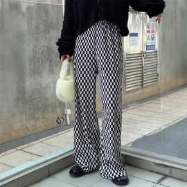 大码女装棋盘格百褶阔腿裤女2026新款休闲拖地裤垂感黑白格子长裤
