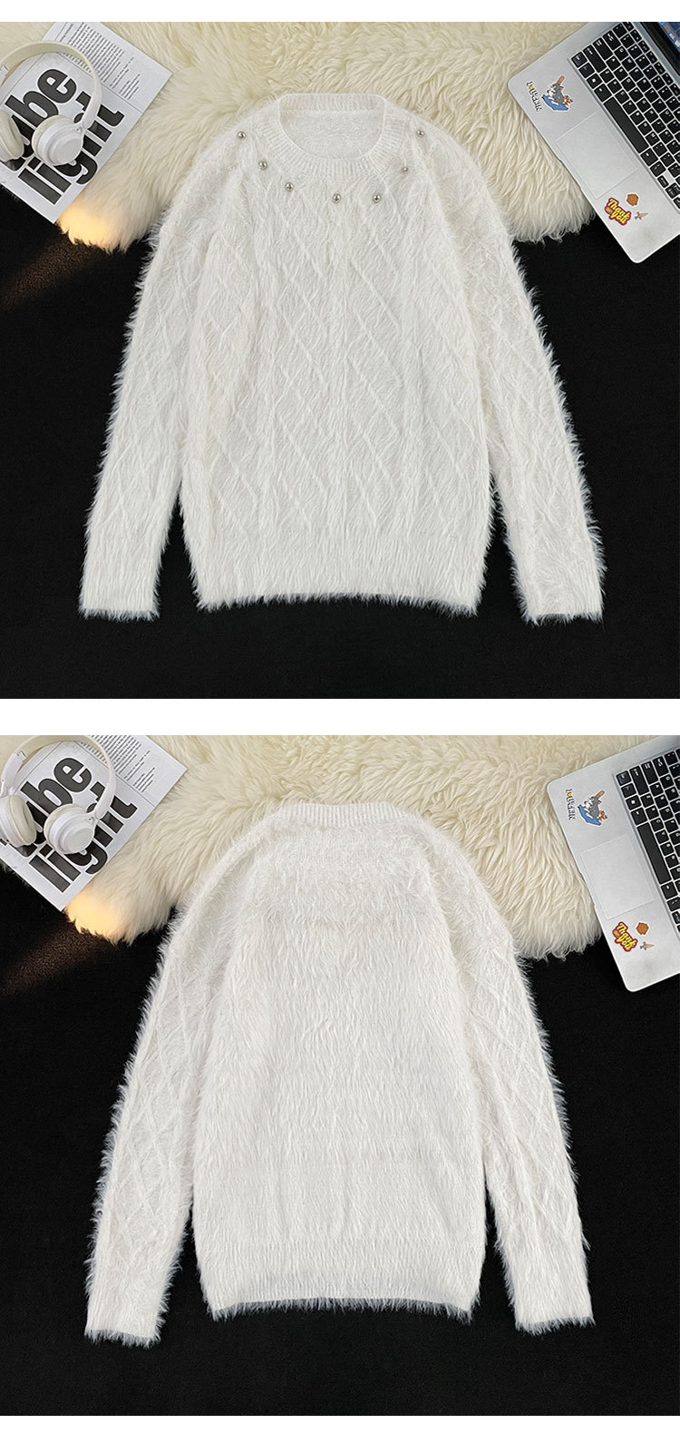 Men's Clothing mink sweater button flower design beaded high weight knitted sweater furry pullover lazy trend men_voghion.com