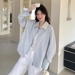蓝色仿麂皮翻领外套女韩系新款春秋外套百搭复古宽松刺绣夹克上衣