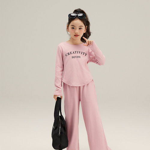 Girls 2024 spring new skin-friendly and comfortable two-piece soft children's knitted top solid color pants suit