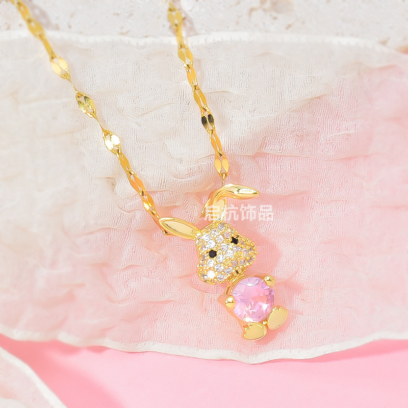 2023 new cute bunny necklace female light luxury niche versatile pink zircon pendant for girlfriend clavicle chain