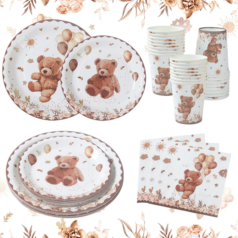 Brown Bear Party Paper Plate Children's Birthday Party Tableware Set Disposable Paper Cup Tissue Dinner Plate Set