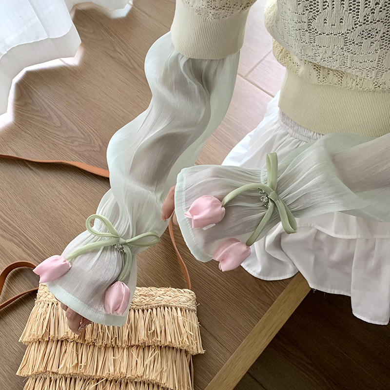 Mangas de hielo, mangas de seda de hielo, verano femenino, nuevo estilo, lazo, flores grandes, mangas de mano sueltas, protectores de brazos, mangas de protección solar para conducir