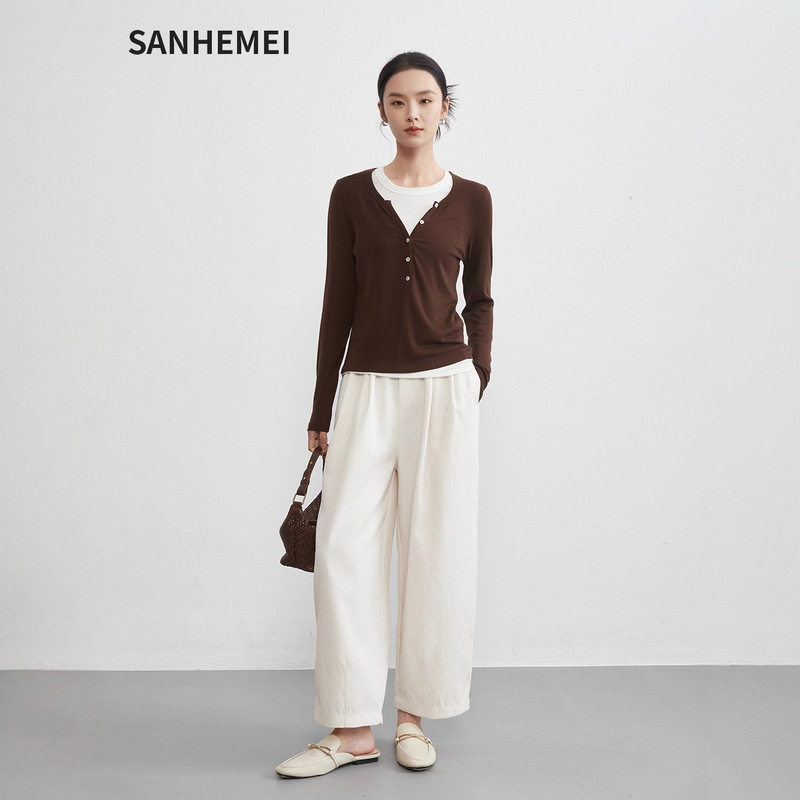 Spring New Style Women's Base Shirt with Contrasting Color Henley Collar, Two-Piece Round Neck Long-Sleeve Slim Fit Versatile Fashionable Women's Top