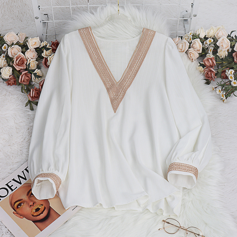 Amazon 2025 New V Neck White Shirt Aliexpress European and American Lace Splicing Top Loose Long-Sleeved Shirt