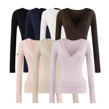 美式辣妹性感深V领蕾丝上衣女秋冬季褶皱收腰显瘦纯欲风波浪边T恤