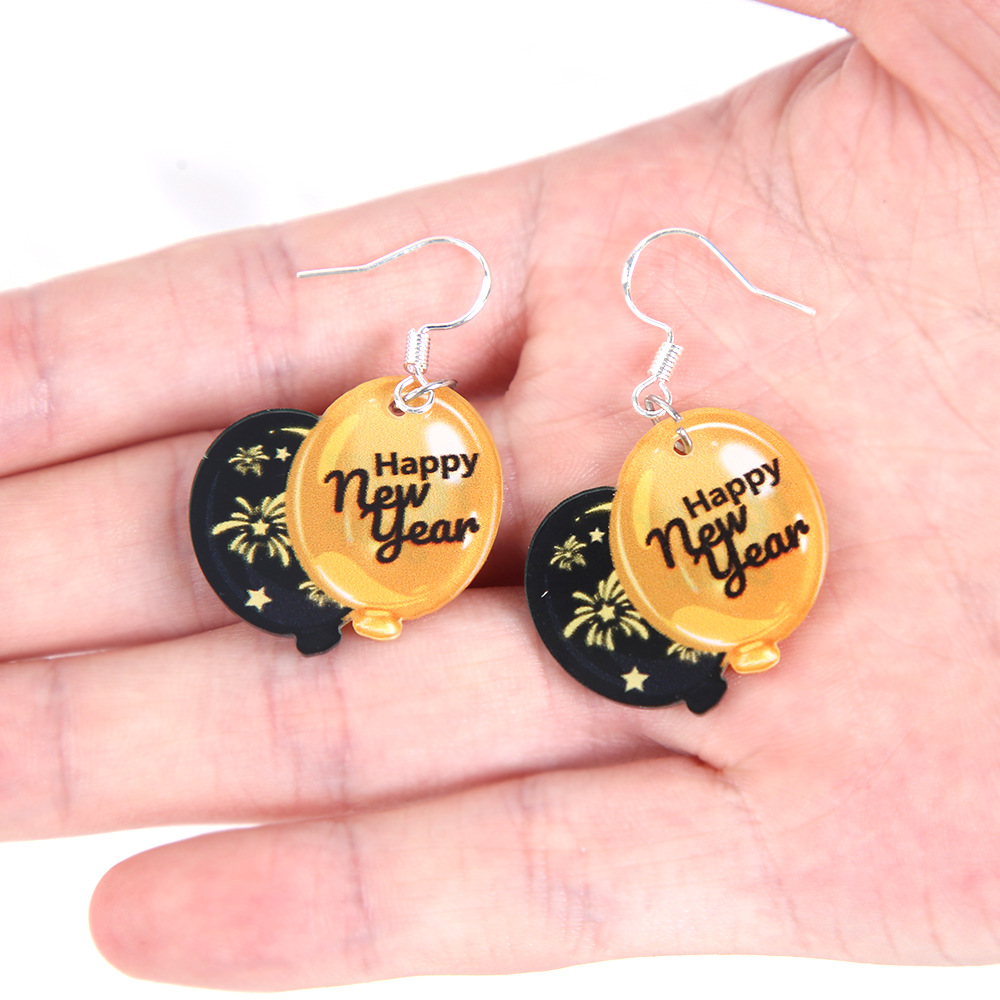 2026 Año Nuevo pendientes acrílicos globo sombrero pendientes regalos de Año Nuevo decoración de la fiesta de oro negro pendientes mujeres