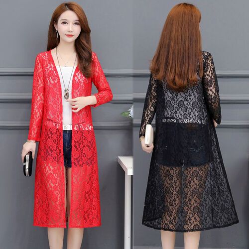 Loose Lace Sunscreen Top with Long Sleeve Open-Front Blouse for Summer, Expendable Medium-Length Shawl-Sleeve Thin Outerwear Air Conditioning Shirt