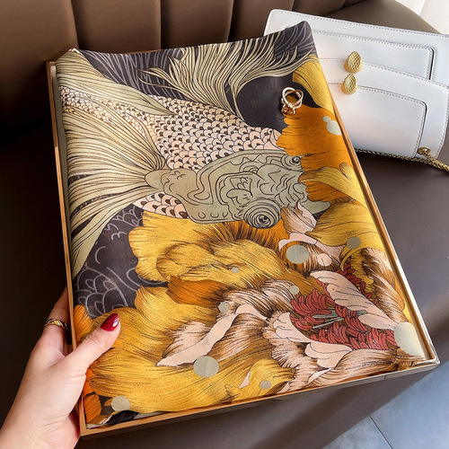 Huagangguan goldfish firework black and gold brocade long silk scarf women's spring and autumn fashion sense new temperament shawl