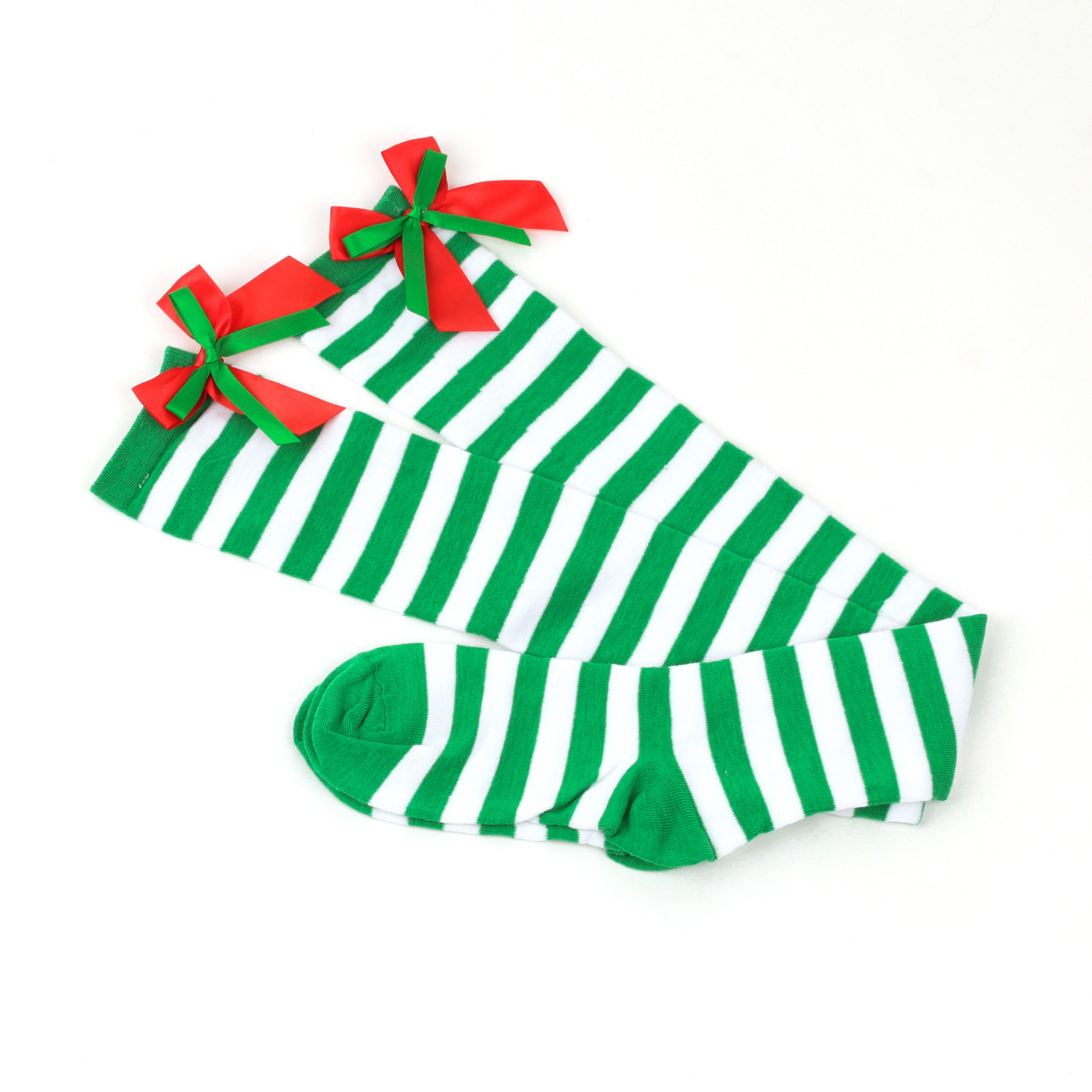 Calzini natalizi unisex con fiocco, calzini a palla, sopra il ginocchio, calzini lunghi da donna, calzini natalizi a righe_voghion.com