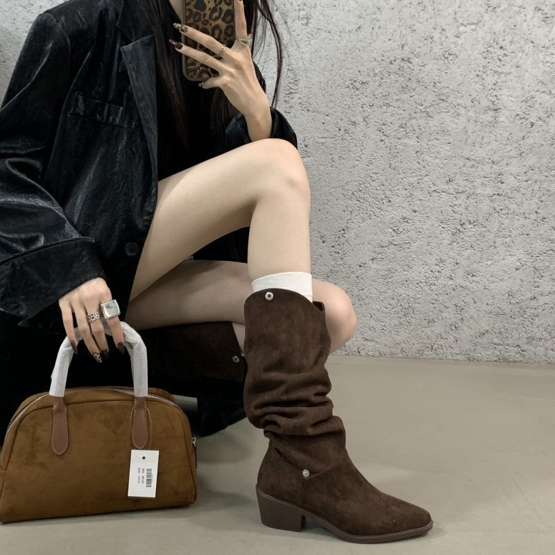法式复古咖色堆堆靴西部牛仔靴2025秋高筒靴女靴子粗跟卡其色长靴|undefined