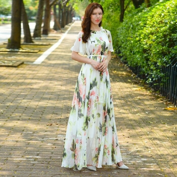 Chiffon Maxi Dress with Large Hem, Summer Plus-Size Floral Long Dress, Ankle-Length, Slimming, Travel and Vacation Beach Dress