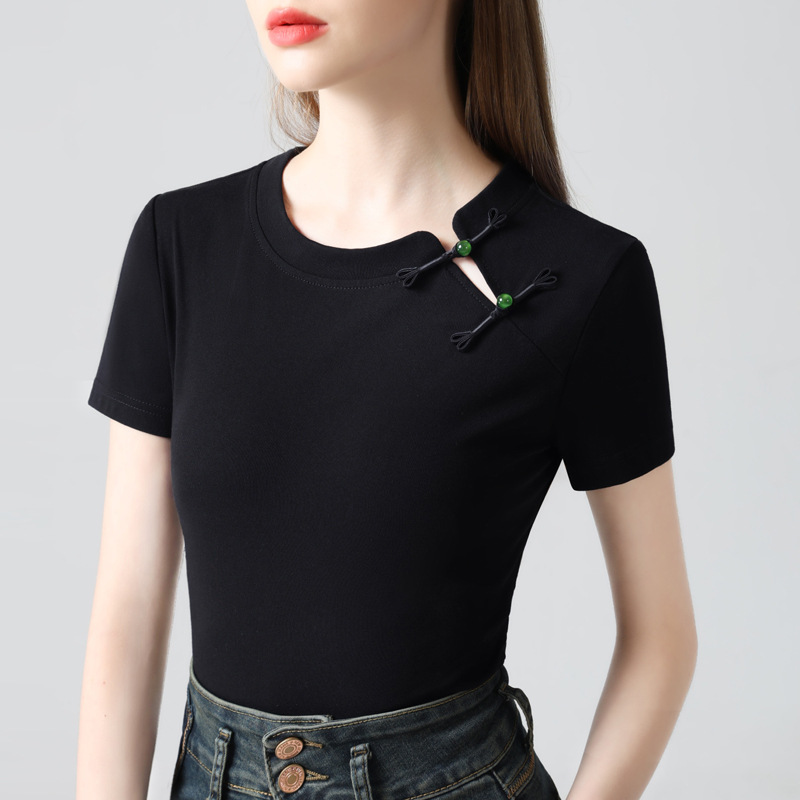 Nueva chaqueta de botón de estilo chino alta sensación de ropa de mujer 2024 nuevo estilo nacional ligero retró movimiento Centili rojo camiseta de manga corta mujer image 7