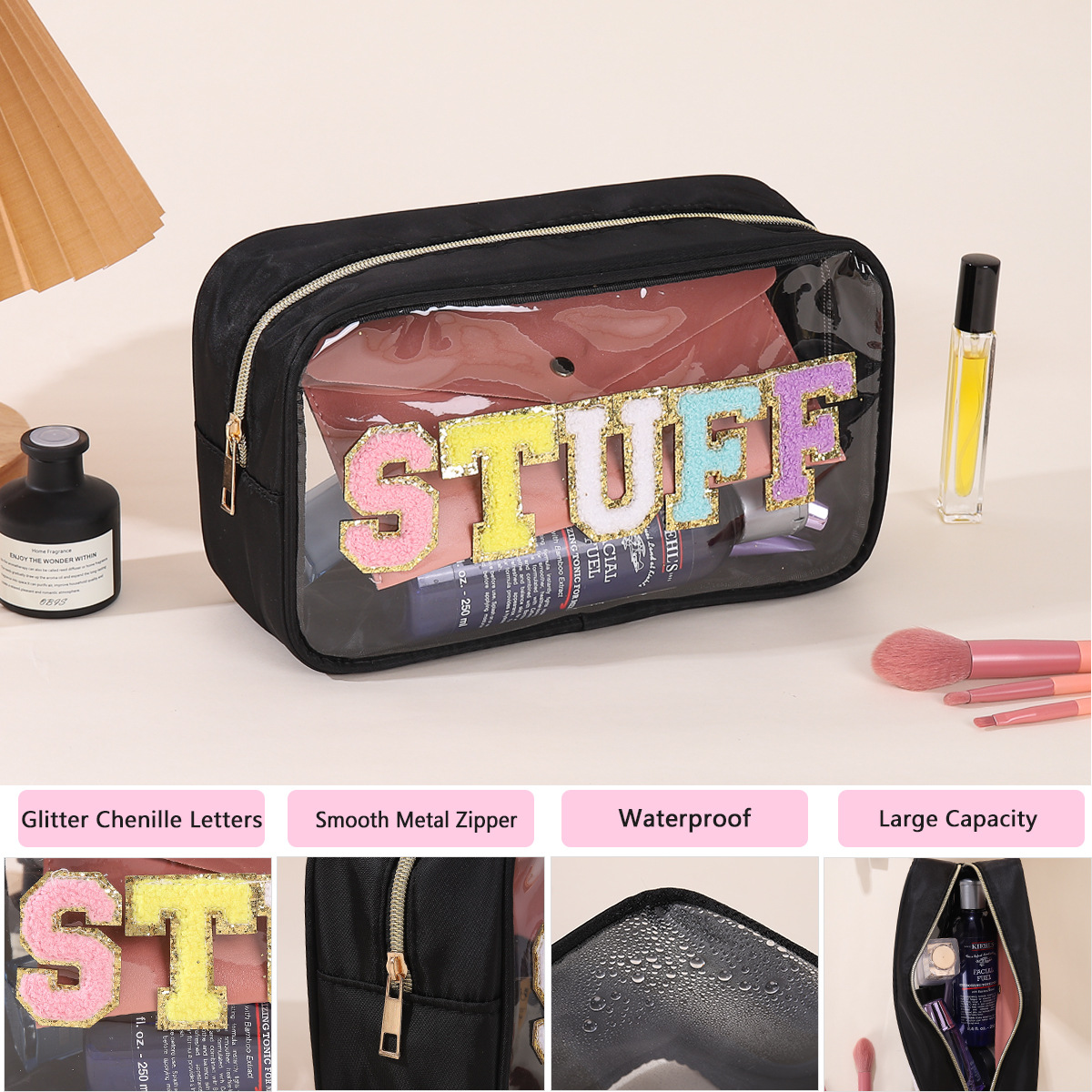 624g Weight Embroidery, Transparent Fashion Element Zipper Closure Type Women's All Seasons Pvc Basic Cosmetic Bag