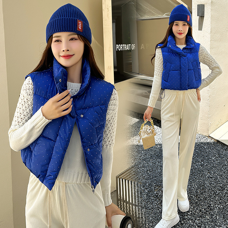 2024 viaje de invierno simple ocio brillante abrazadera de caballo de diamante estilo coreano cintura alta suelta sin mangas chaqueta de cuello corto