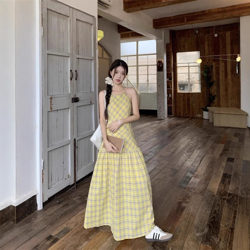 Summer 2025 New Arrival Slip Skirt Niche Design Sense Neck Hanging dress Women's Yellow Plaid Waist Backless Skirt