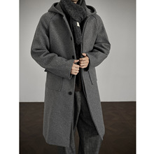 潮流时尚百搭休闲连帽长款过膝毛呢大衣宽松落肩情侣风衣加厚外套
