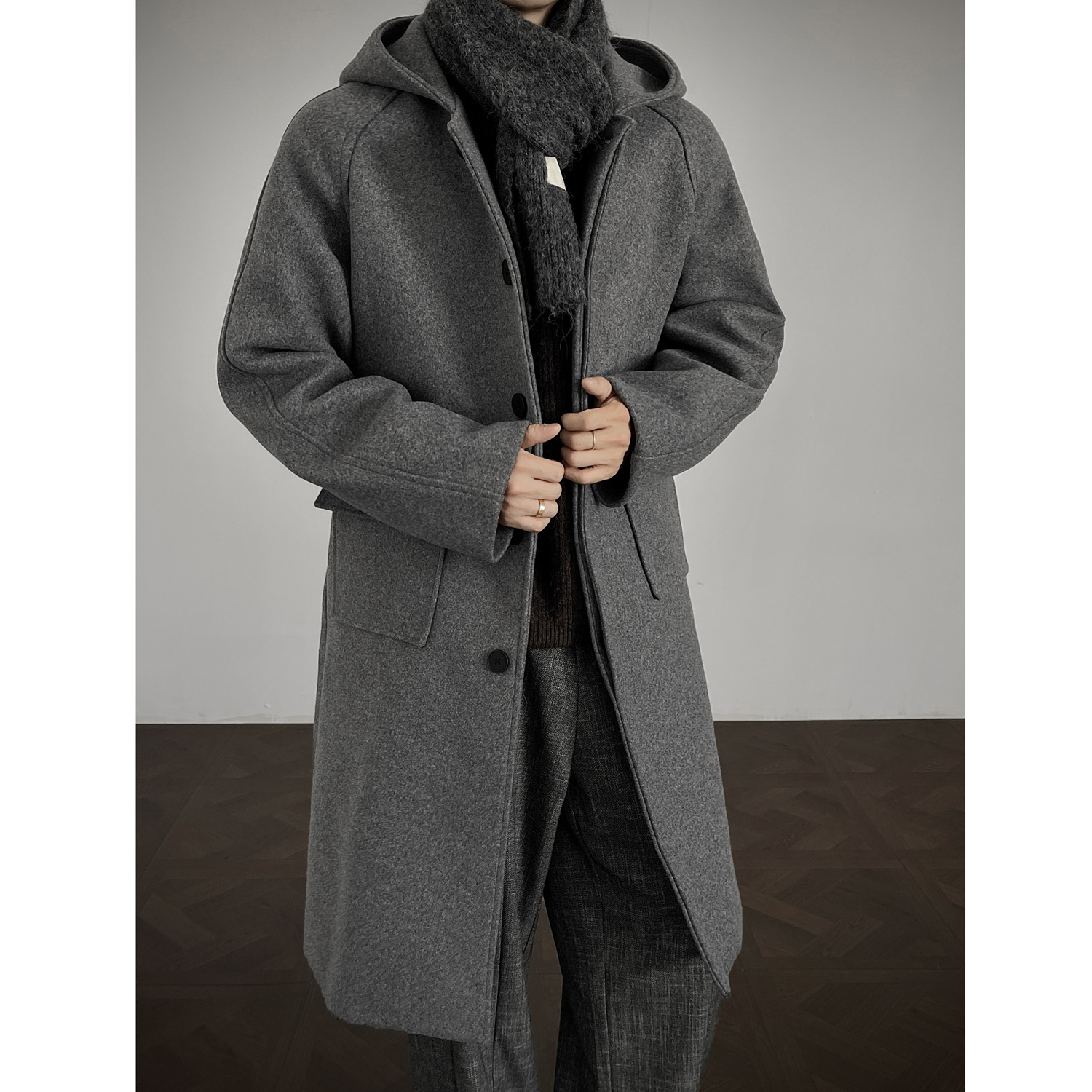 潮流时尚百搭休闲连帽长款过膝毛呢大衣宽松落肩情侣风衣加厚外套