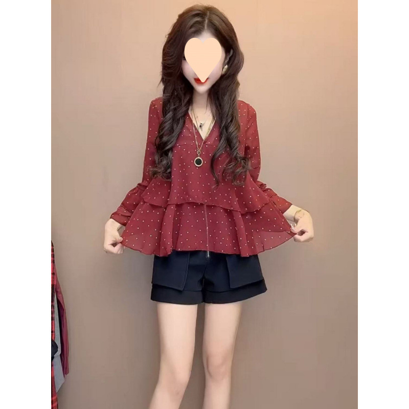 女性用フレンチデザインシフォンシャツ、黒水玉トップス、ベルスリーブフリルシフォンシャツ|undefined