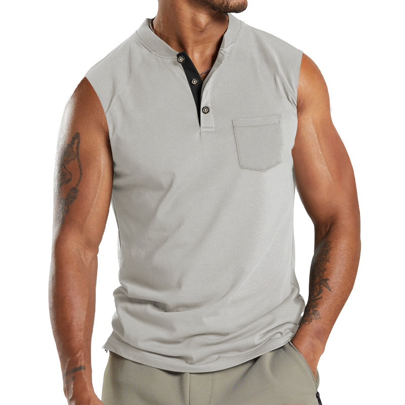 2024 Summer New Kam Shoulder Large Men's Short Sleeve Button Pocket Sleeveless T-shirt_voghion.com