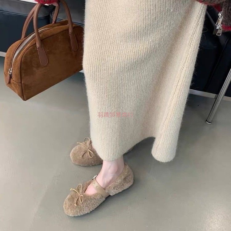 圆头一字扣带蝴蝶结浅口毛毛鞋女2025秋新款一脚蹬保暖厚毛豆豆鞋