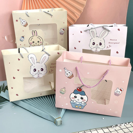 Cartoon Window Opening Gift Bag Bag Gift Handbag Transparent Accompanying Gift Bag Paper Bag Packaging Bag Small Gift