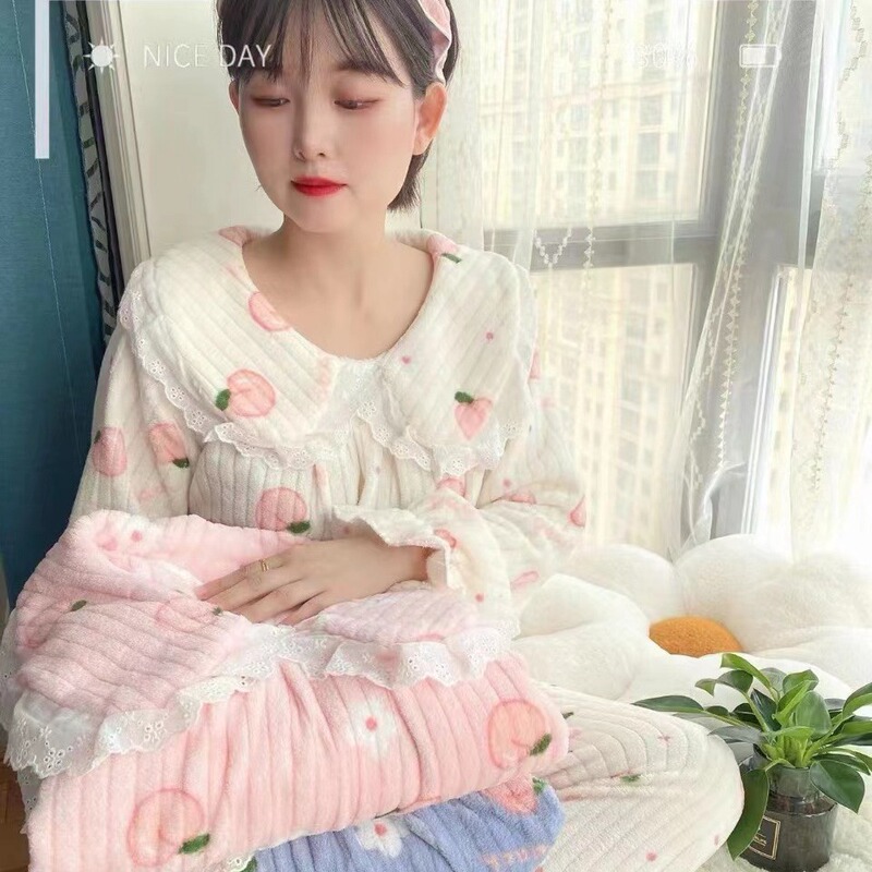 Lace Pajamas Women's Coral Velvet Doll Collar Thickened Warm Pullover Long Sleeve Two-Piece Suit Women's Lazy Style