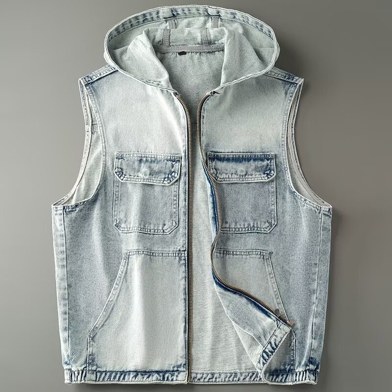 【Cross-Border Shipping】American-Style Hooded Denim Vest for Men, Trendy Brand, Summer Vintage Loose Motorcycle Zipper Vest