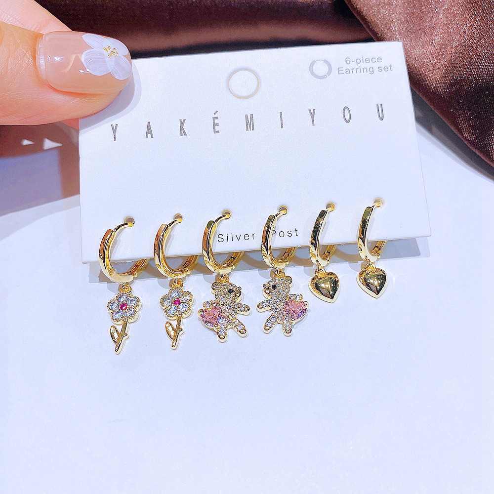 Yakemiyou Cute Fashion Cartoon Character Heart Shape Flowers Copper Inlaid Zircon Zircon Earrings 6 Pieces display picture 2